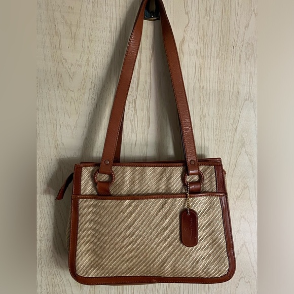 Etienne Aigner Handbag Beige Woven w Leather Trim Straw Top Handle Shoulder Bag - Picture 1 of 16